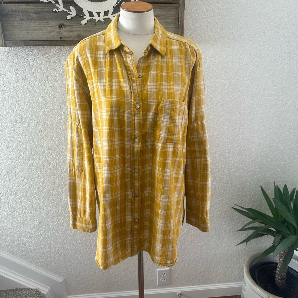 North‎ Face Yellow Plaid Boyfriend Flannel Button-Up Shirt ladies Large - Picture 2 of 9